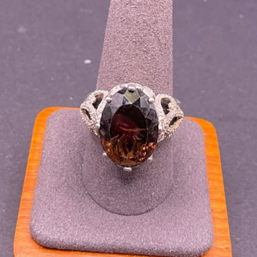 STS Sterling Silver 925 Large Oval Smoky Quartz Ring Filigree Scroll Size 10